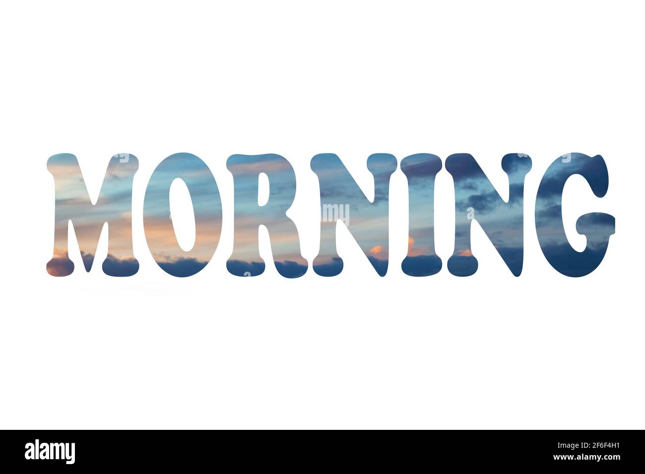 Word Morning fatto da nuvole blu isolate su sfondo bianco Foto Stock