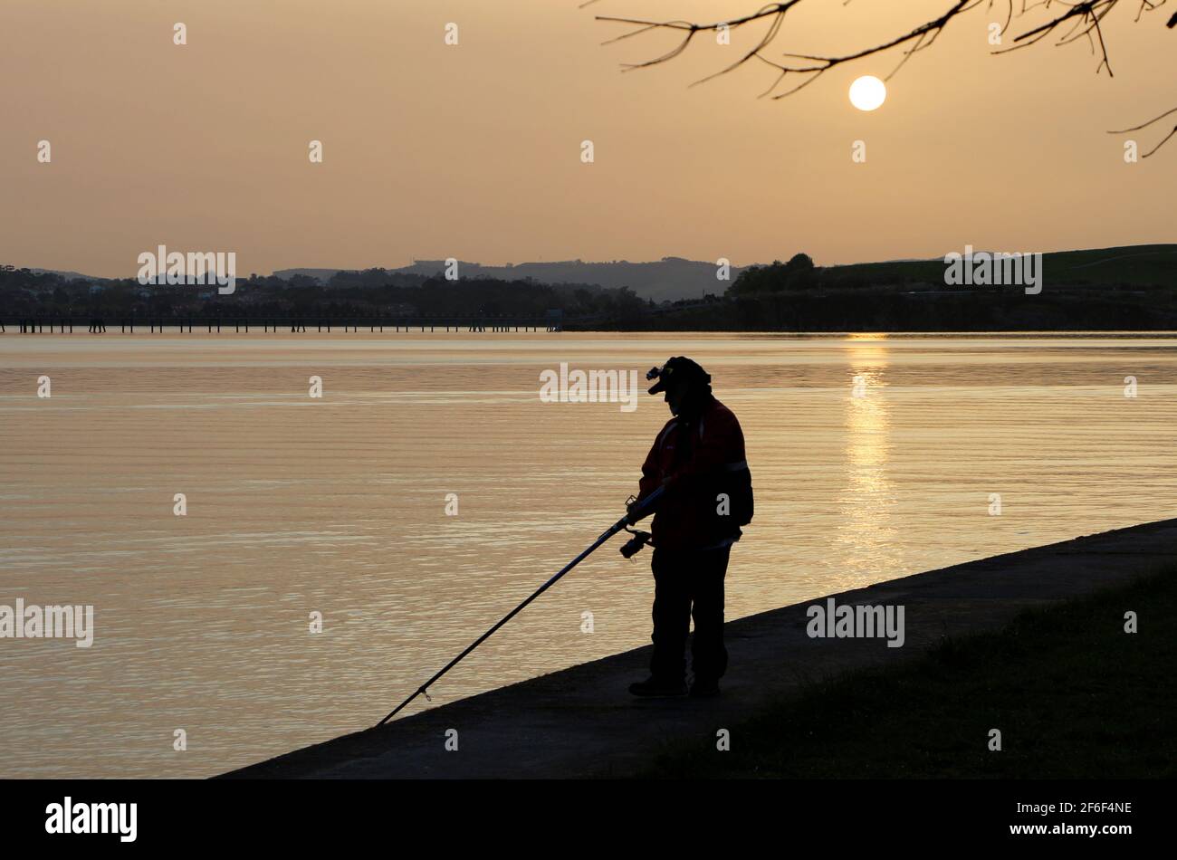 Lone uomo canna e pesca con lenza dal bordo delle acque in una tranquilla mattinata di sole con la sabbia sahariana sospesa Santander Bay Cantabria Spagna Foto Stock
