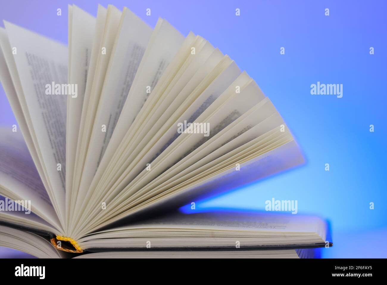 Libri di lettura e libro di letteratura.Open su uno sfondo blu. Primo piano del libro pages.Learning e conoscenza. Foto Stock