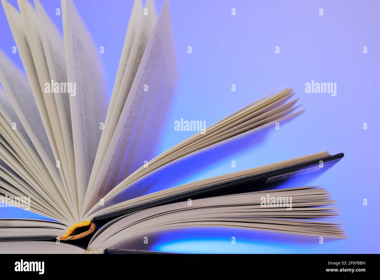 Libri di lettura e libro di letteratura.Open su uno sfondo blu. Primo piano libro pages.Learning e concetto di conoscenza. Foto Stock