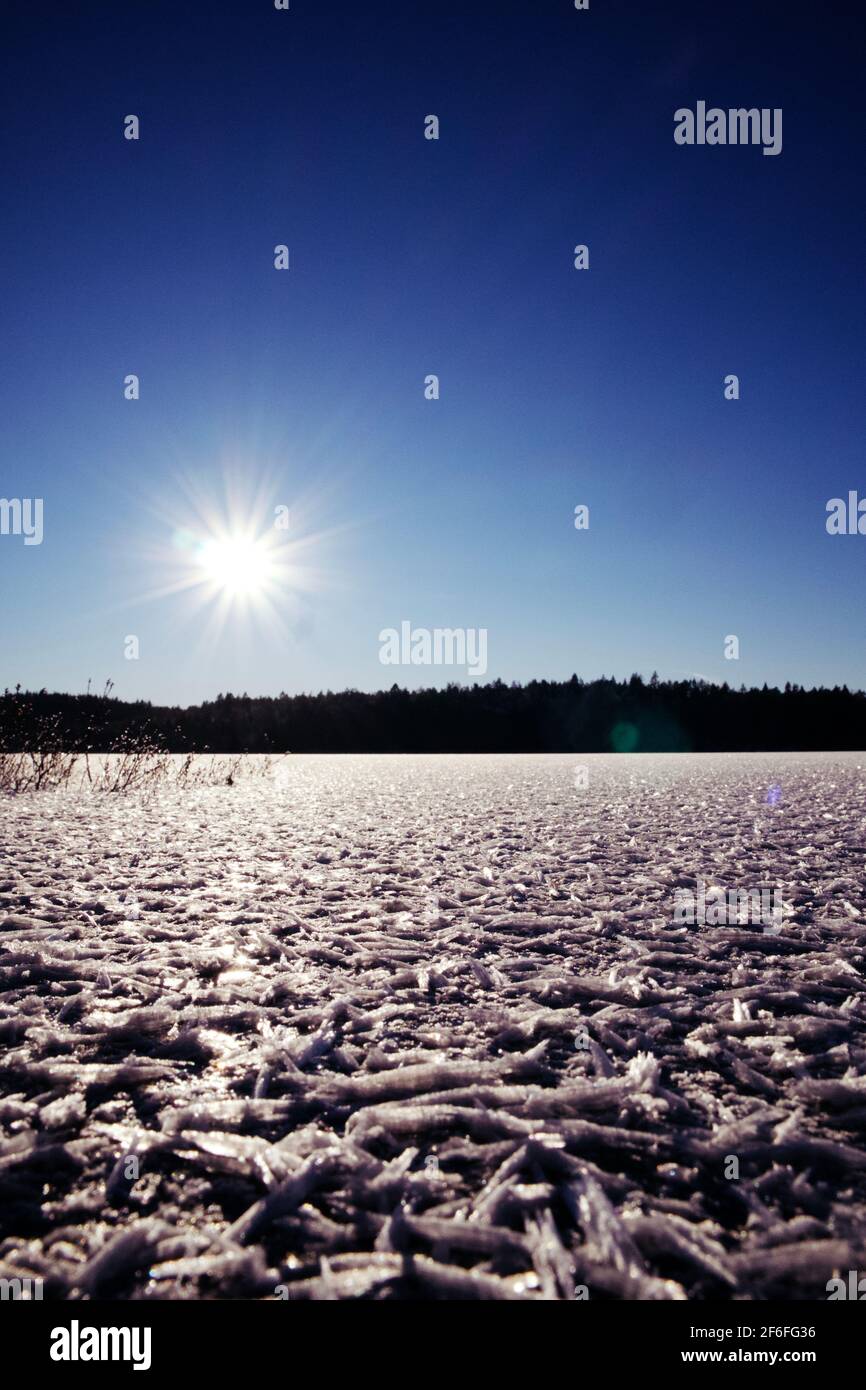 Vista a bassa angolazione su un lago coperto di ghiaccio strutturato nei raggi del sole d'inverno. Foto Stock