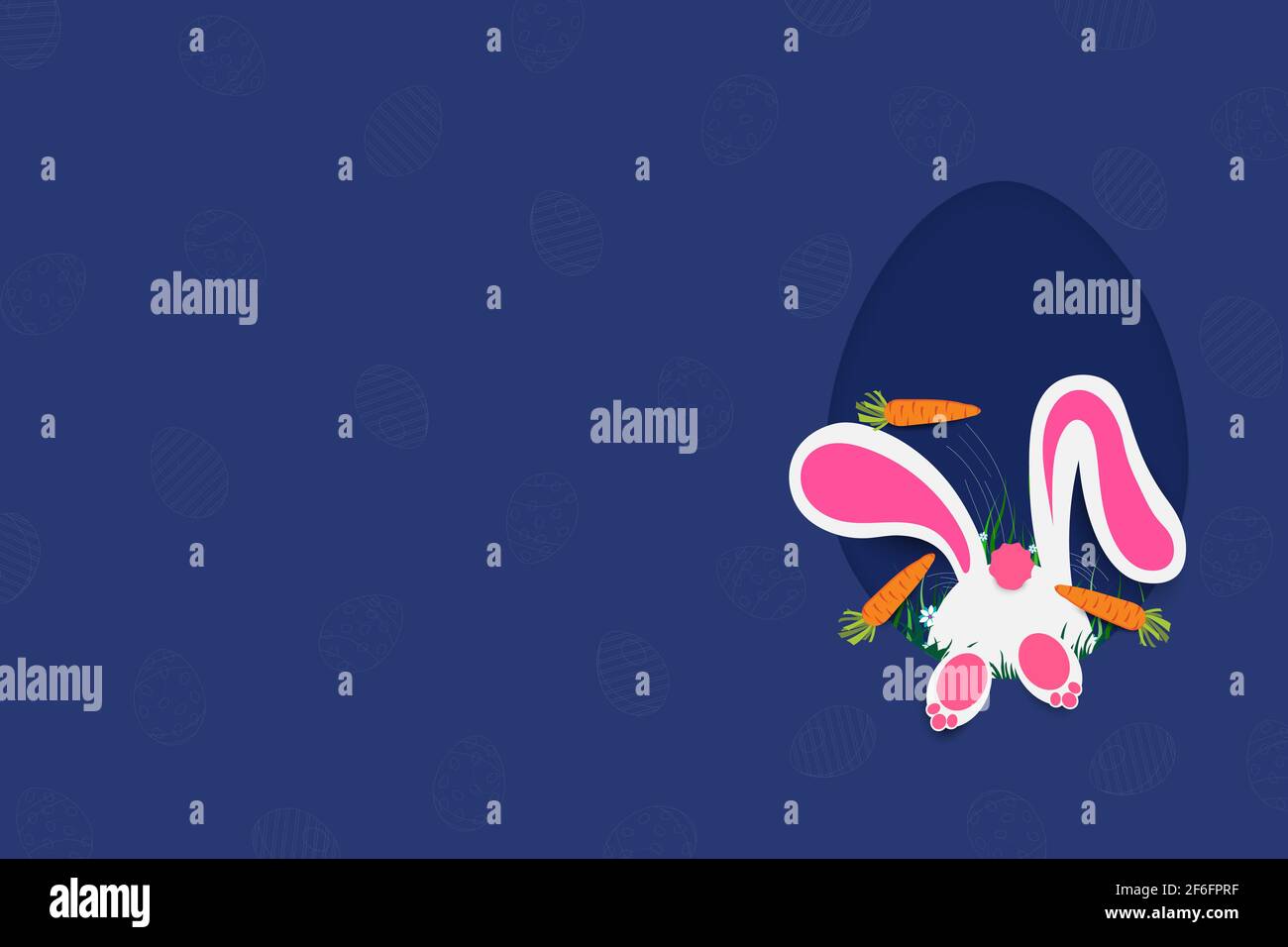 Illustrazione dei biglietti d'auguri di Pasqua con uovo e coniglio, arte della carta e artigianato digitale stile. Foto Stock
