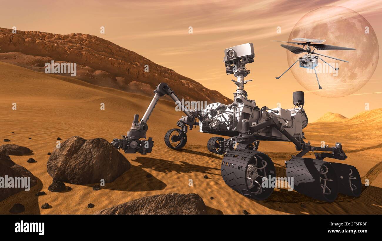 Questo concetto di artista comprende il Mars Science Laboratory Curiosity rover della NASA, un robot mobile per studiare la capacità di Marte di sostenere il passato o il presente Foto Stock