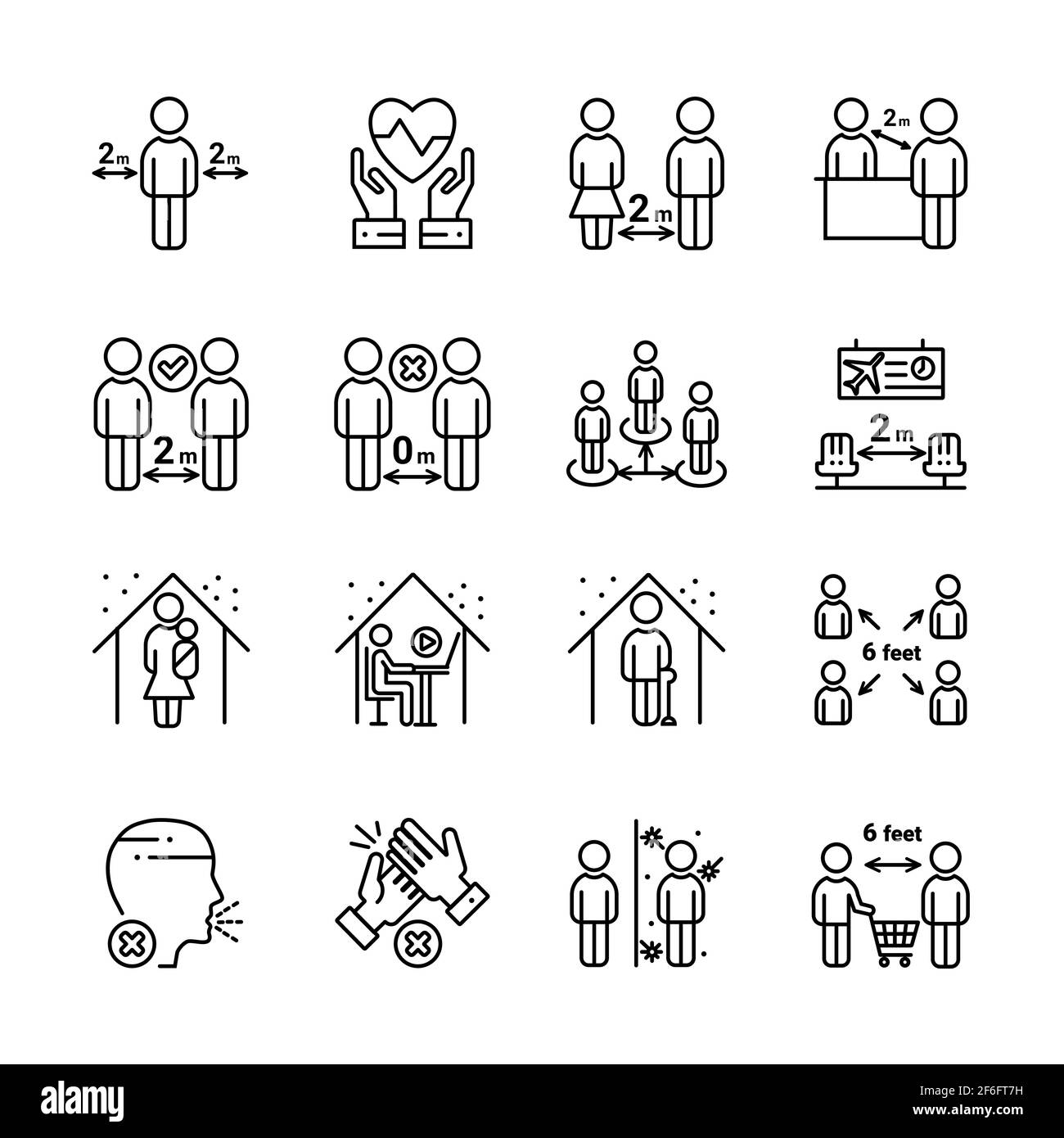 Insieme di icone di contorno per la distanza sociale. Include icone come rimanere a casa, protezione, distanza di sicurezza e altro ancora. Illustrazione Vettoriale