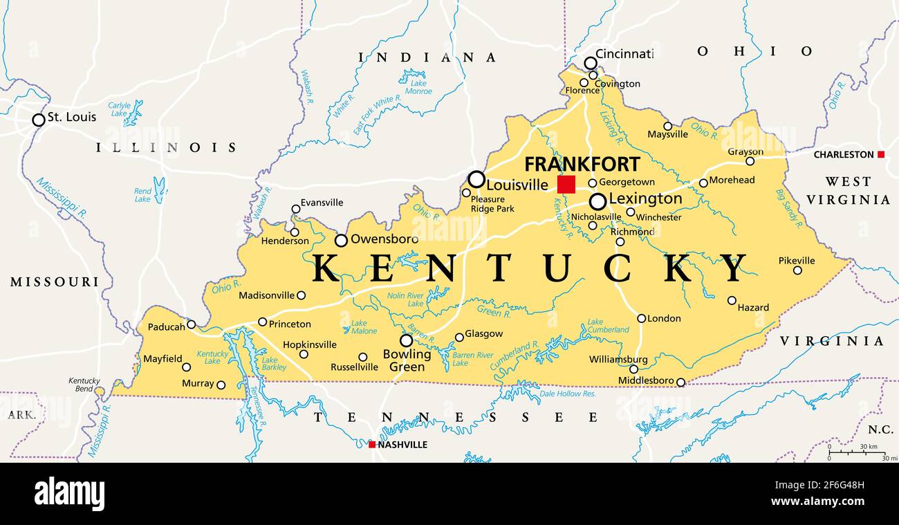 Kentucky, Kentucky, mappa politica con la capitale Frankfort e le città più grandi. Commonwealth del Kentucky. Stato nella regione sud-orientale degli Stati Uniti Foto Stock