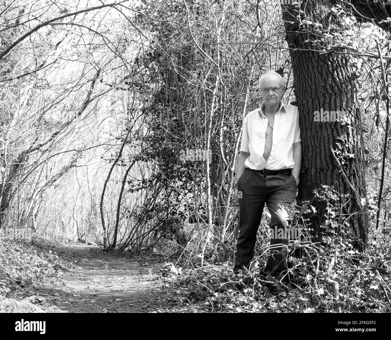 Marzo 2021 - uomo maturo in piedi da un albero dentro i boschi Foto Stock