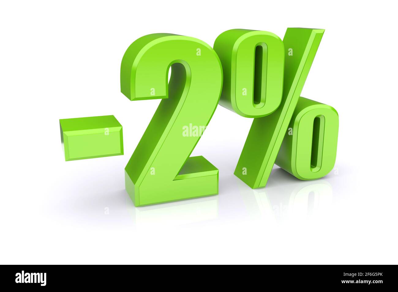 Icona verde del tasso percentuale del 2% su sfondo bianco. immagine 3d rappresentata Foto Stock