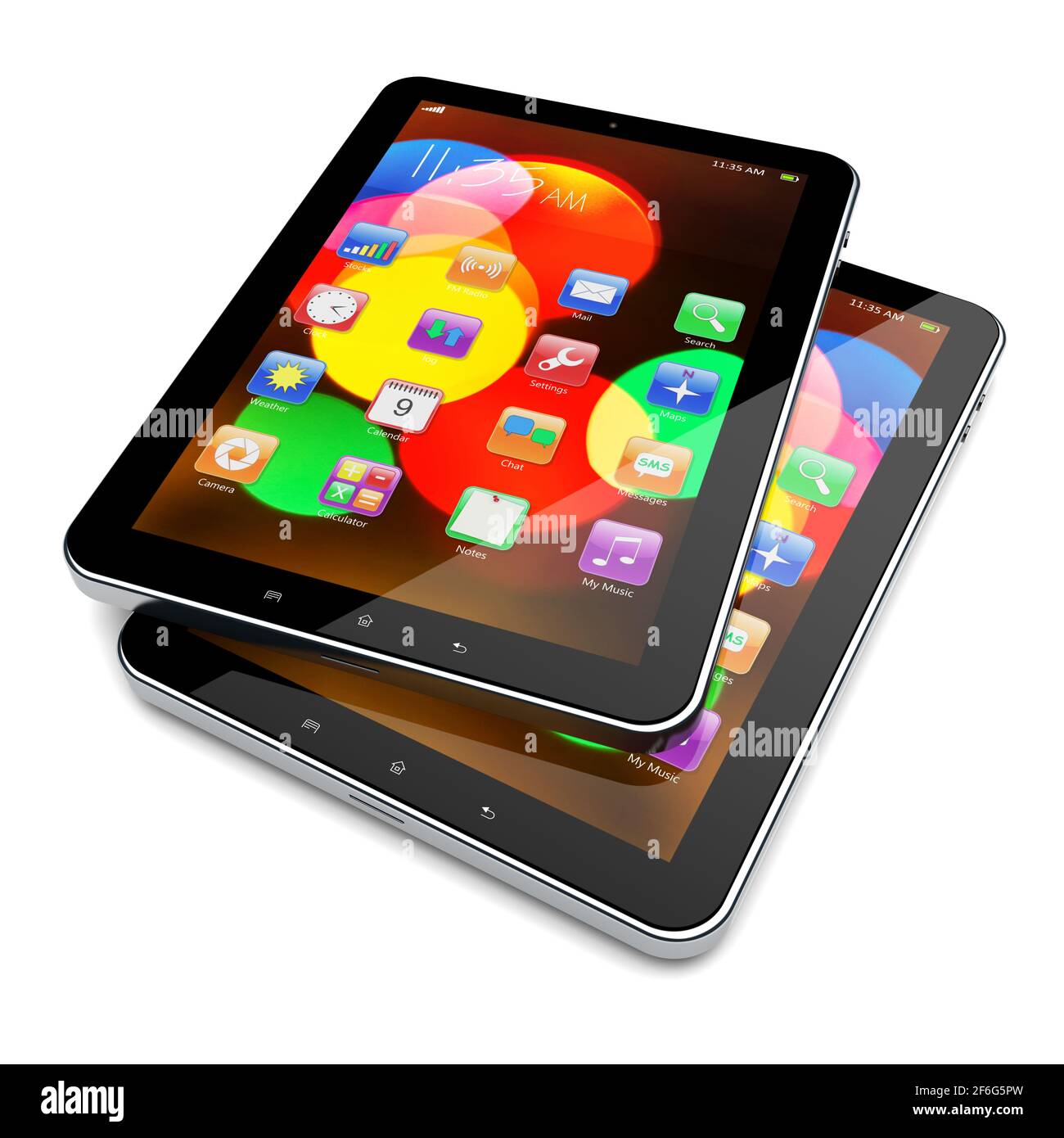 Tablet PC con colorati sfondi bokeh e app su una schermata Foto Stock