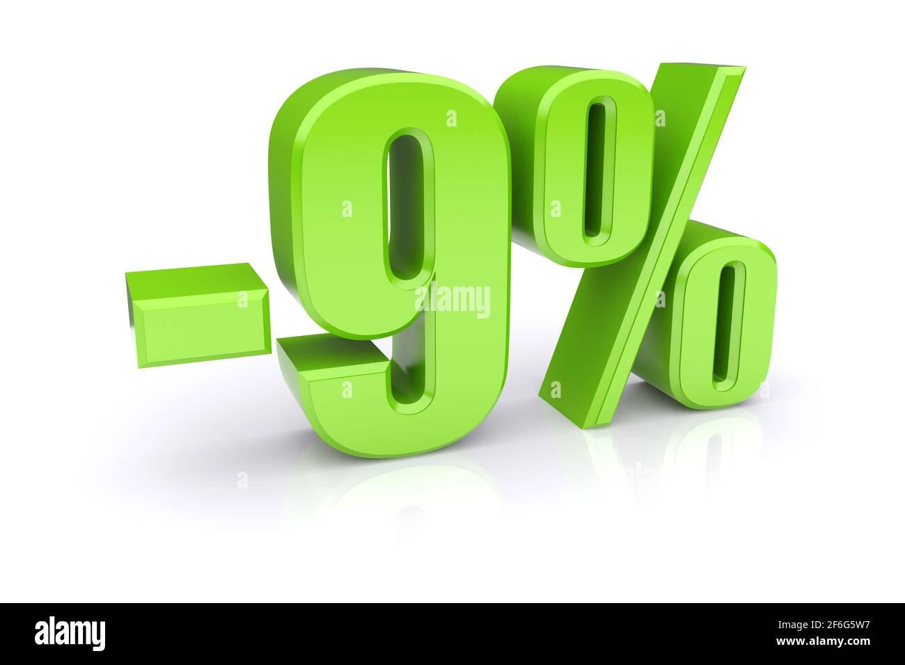 Icona verde del tasso percentuale del 9% su sfondo bianco. immagine 3d rappresentata Foto Stock