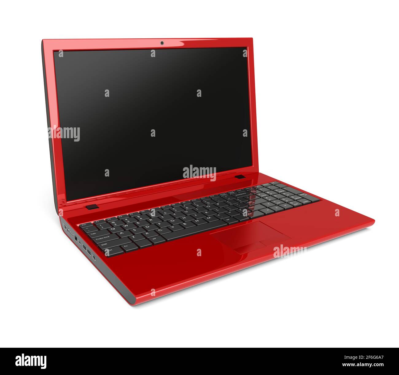 Notebook rosso con schermo vuoto su sfondo bianco. immagine 3d Foto Stock