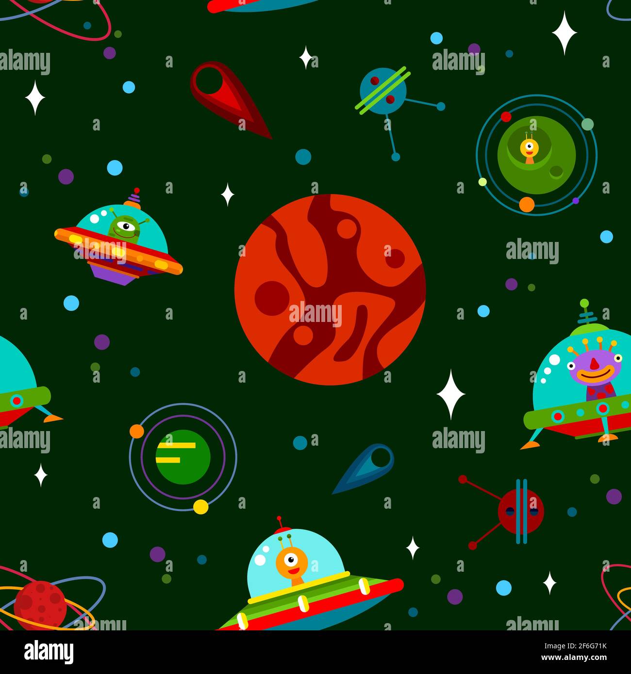 Vettore modello senza giunture con razzi, pianeti, stelle, comete e UFO. Illustrazione vettoriale. Illustrazione Vettoriale