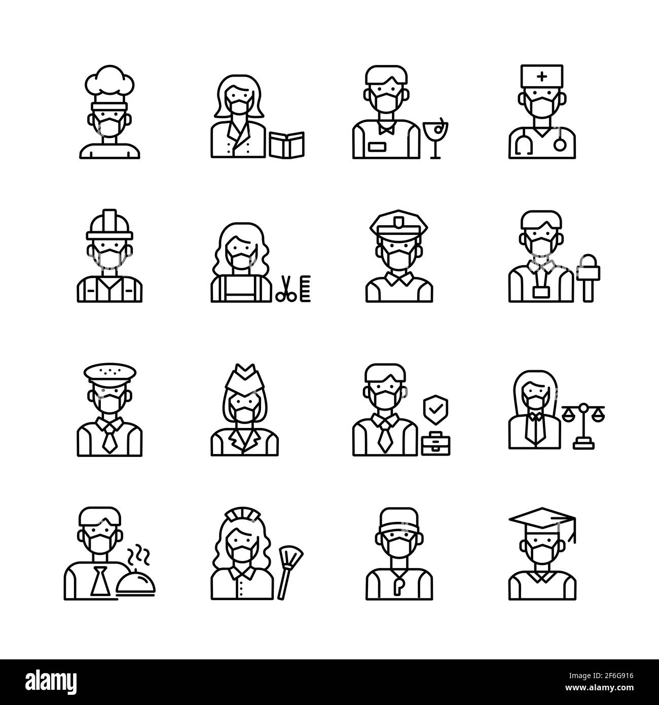 Icone di occupazione dei lavoratori come insegnante, tassista, poliziotto che indossa maschera chirurgica. Virus Pandemico. Concetto di lavoro. Illustrazione vettoriale. Illustrazione Vettoriale