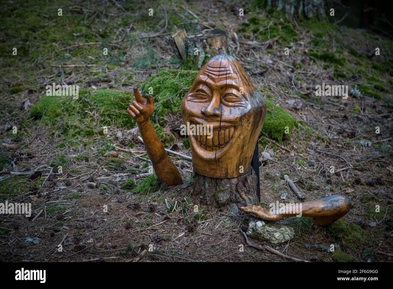 Divertenti figure in legno nel Nordwald, Waldviertel, Austria Foto Stock