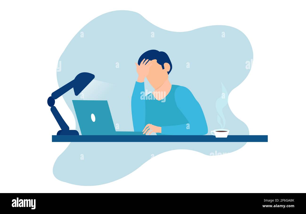 Vettore di stressato giovane uomo stanco seduto al tavolo di lavoro sul computer portatile Illustrazione Vettoriale