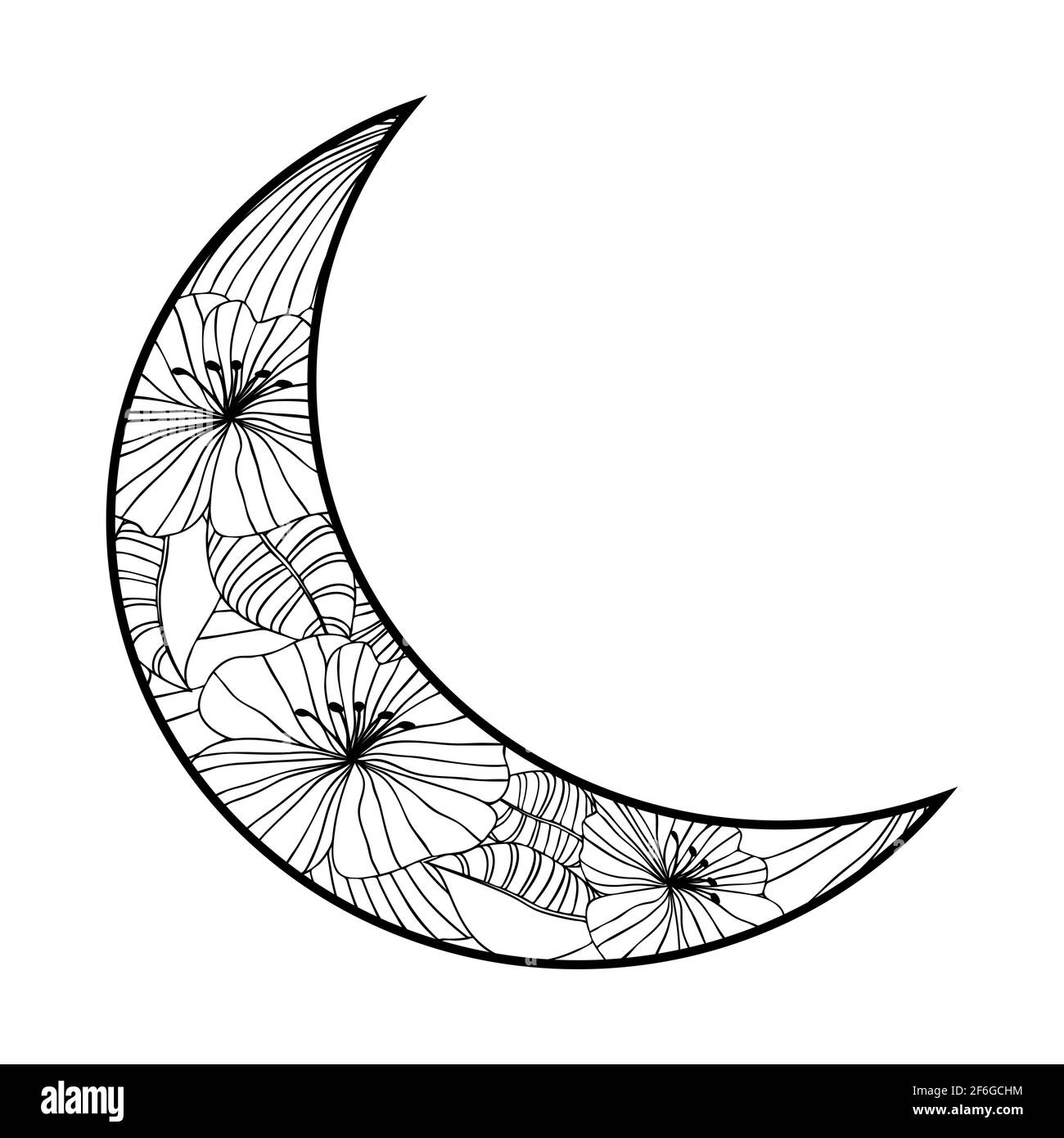 Luna disegnata a mano con fiori, mandala e paisley. Motivo floreale bianco e nero. luna, zentangle, fiori Illustrazione Vettoriale