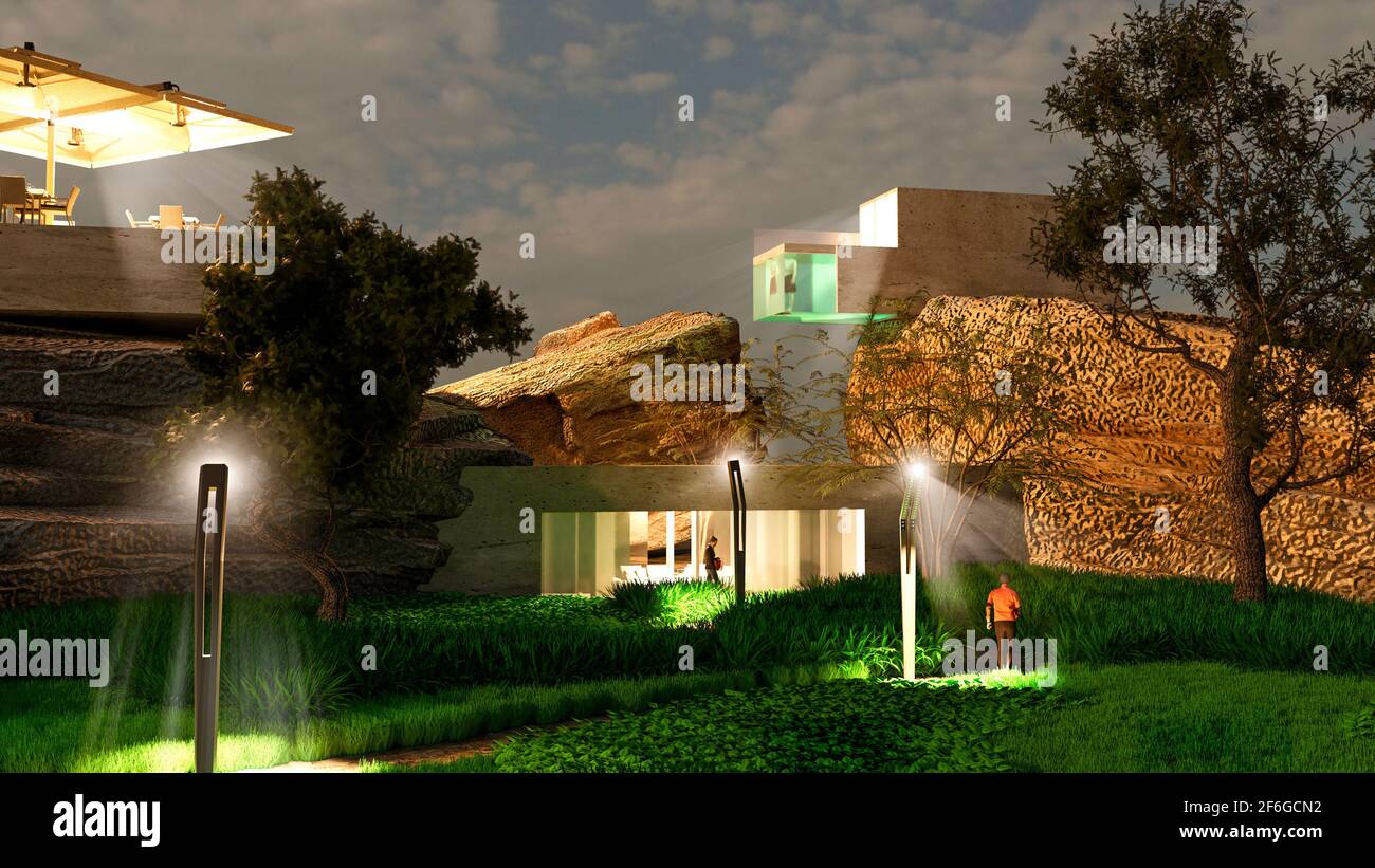 Vista notturna di un Eco resort. Case da sogno. Architettura e paesaggio. Case e alberghi moderni. Stare in un modo verde. Alta tecnologia. Vacanze in natura Foto Stock