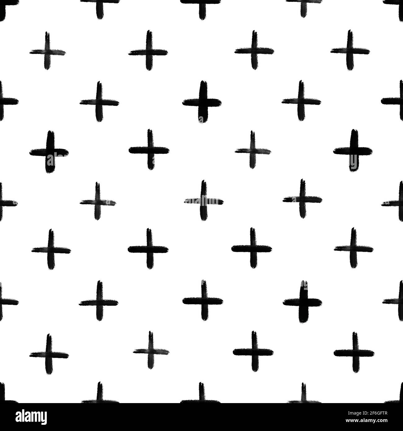 Motivo senza giunture monocromatico con segno più astratto. Illustrazione vettoriale del pennello grunge bianco e nero disegnato a mano. Illustrazione Vettoriale
