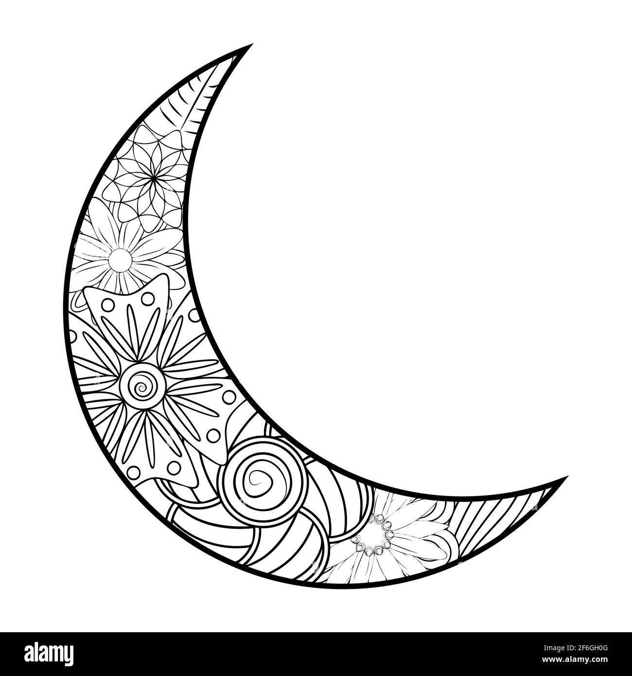 Luna disegnata a mano con fiori, mandala e paisley. Motivo floreale bianco e nero. luna, zentangle, fiori Illustrazione Vettoriale
