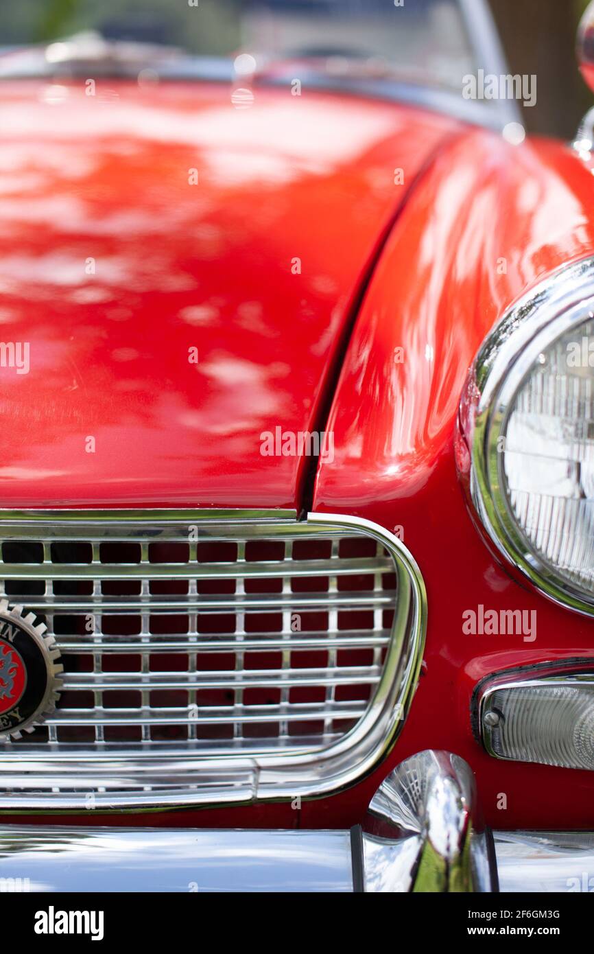 Red anni '60 Austin-Healey Sprite ad una mostra di auto a Chambly, Quebec, canada Foto Stock