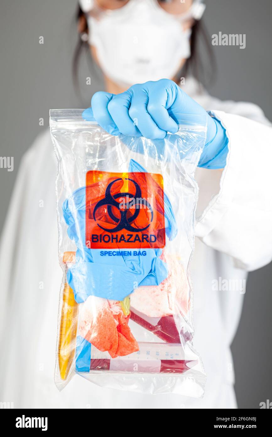 Una donna ricercatrice sta tenendo un sacchetto di plastica trasparente con il logo del rischio biologico stampato sopra. Il sacchetto contiene campioni biologici potenzialmente pericolosi. Scient Foto Stock