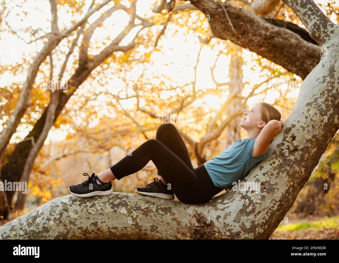 Stati Uniti, California, Missione Viejo, ragazza (12-13) rilassarsi sul ramo albero Foto Stock