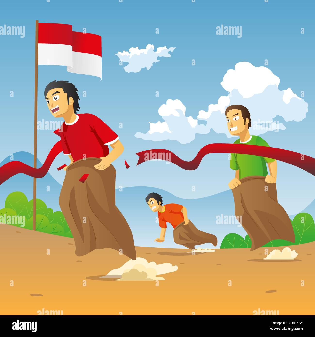 Lomba Balap Karung 17 agustus - Traduci gara di Sack Il 17 agosto - Giornata dell'Indipendenza Indonesiana Illustrazione Vettoriale