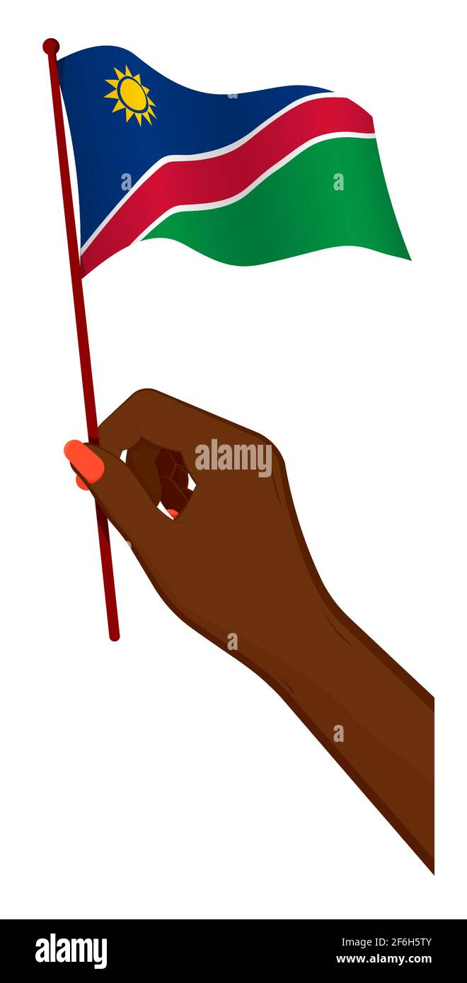 La mano femminile tiene delicatamente una piccola bandiera della Namibia. Elemento di design per le vacanze. Vettore cartoon su sfondo bianco Illustrazione Vettoriale