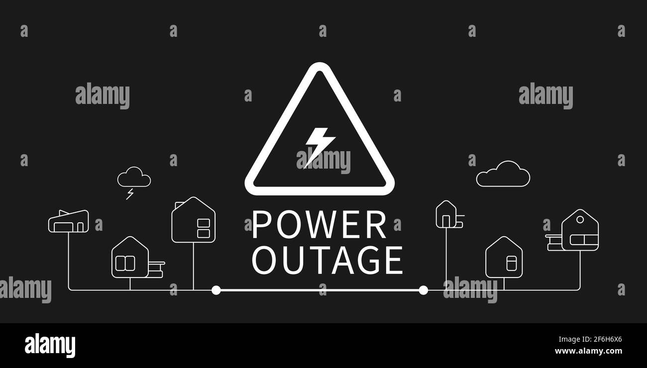 L'interruzione di alimentazione banner con un cartello di avvertimento l'uno è sul solido sfondo nero ci sono anche le icone di contorno di case collegare ogni altro. Illustrazione Vettoriale