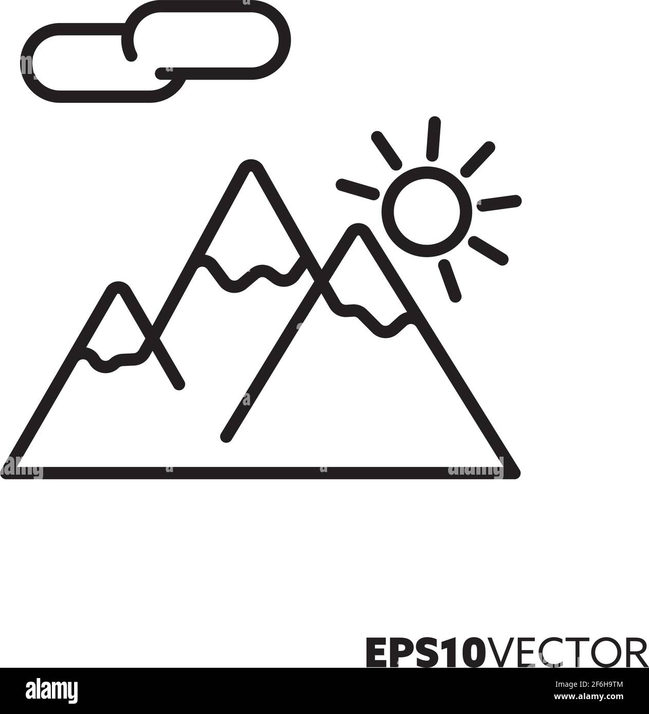 Icona della linea orizzontale della catena montuosa. Alba dietro le montagne simbolo profilo. Illustrazione vettoriale del concetto di ambiente, natura e paesaggio. Illustrazione Vettoriale