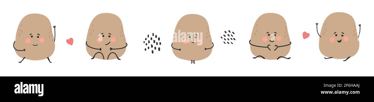 Cute raccolta di patate disegnate a mano su sfondo bianco. Set di personaggi sorridenti e piccanti per il tuo design. Illustrazione vettoriale. Illustrazione Vettoriale