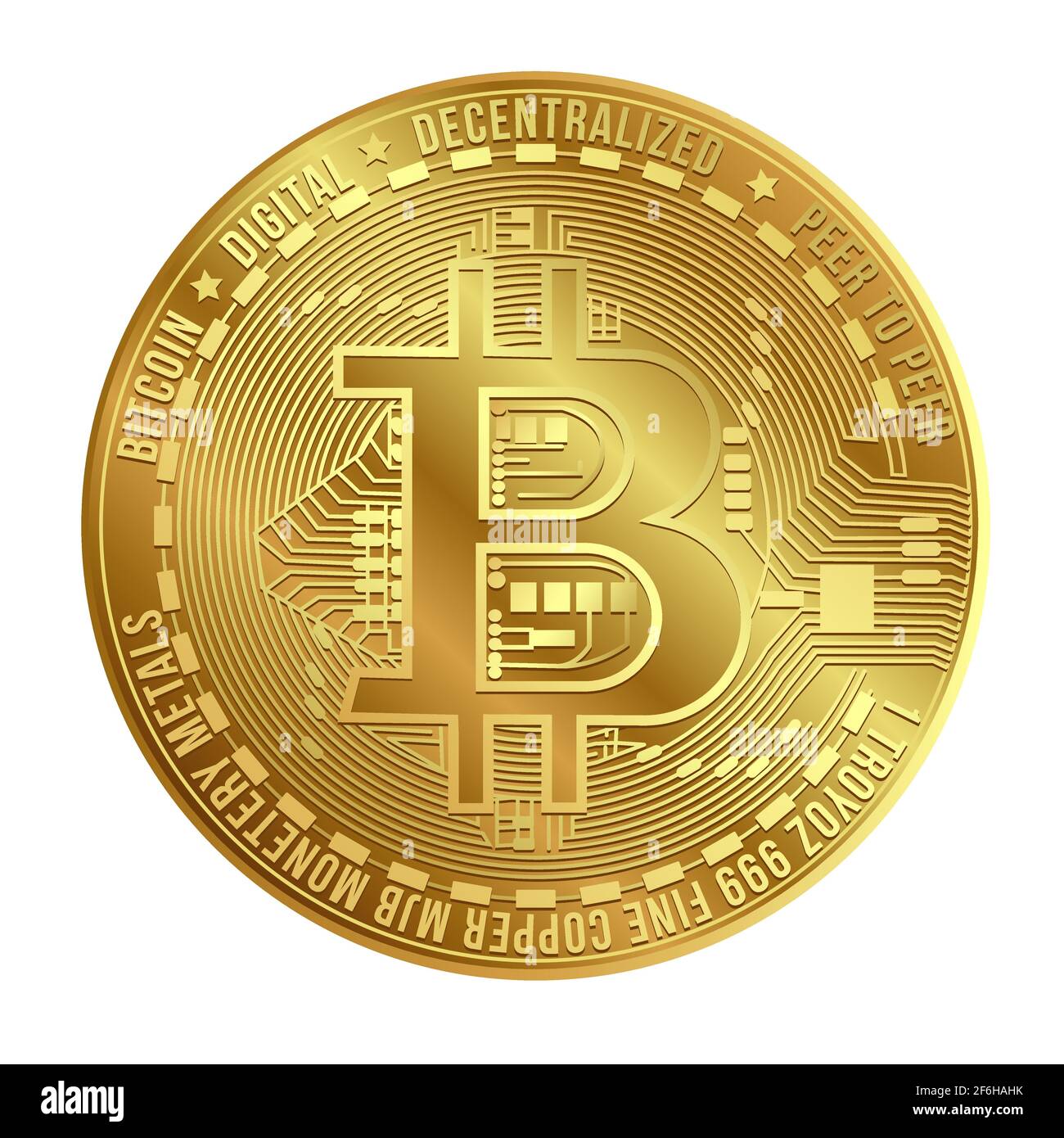 Moneta di bitcoin virtuale d'oro isolata su sfondo bianco. Criptovaluta popolare. Concetto di moneta digitale Bitcoin. Illustrazione Vettoriale