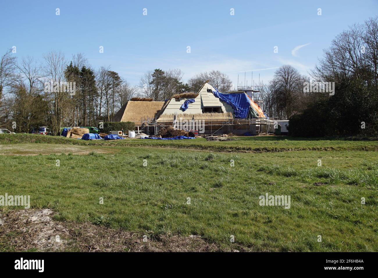 Casa è in fase di ristrutturazione e il tetto di paglia è coperto di nuovo paglia. In un ambiente rurale vicino al villaggio olandese di Bergen. Paesi Bassi, Bergen, Foto Stock