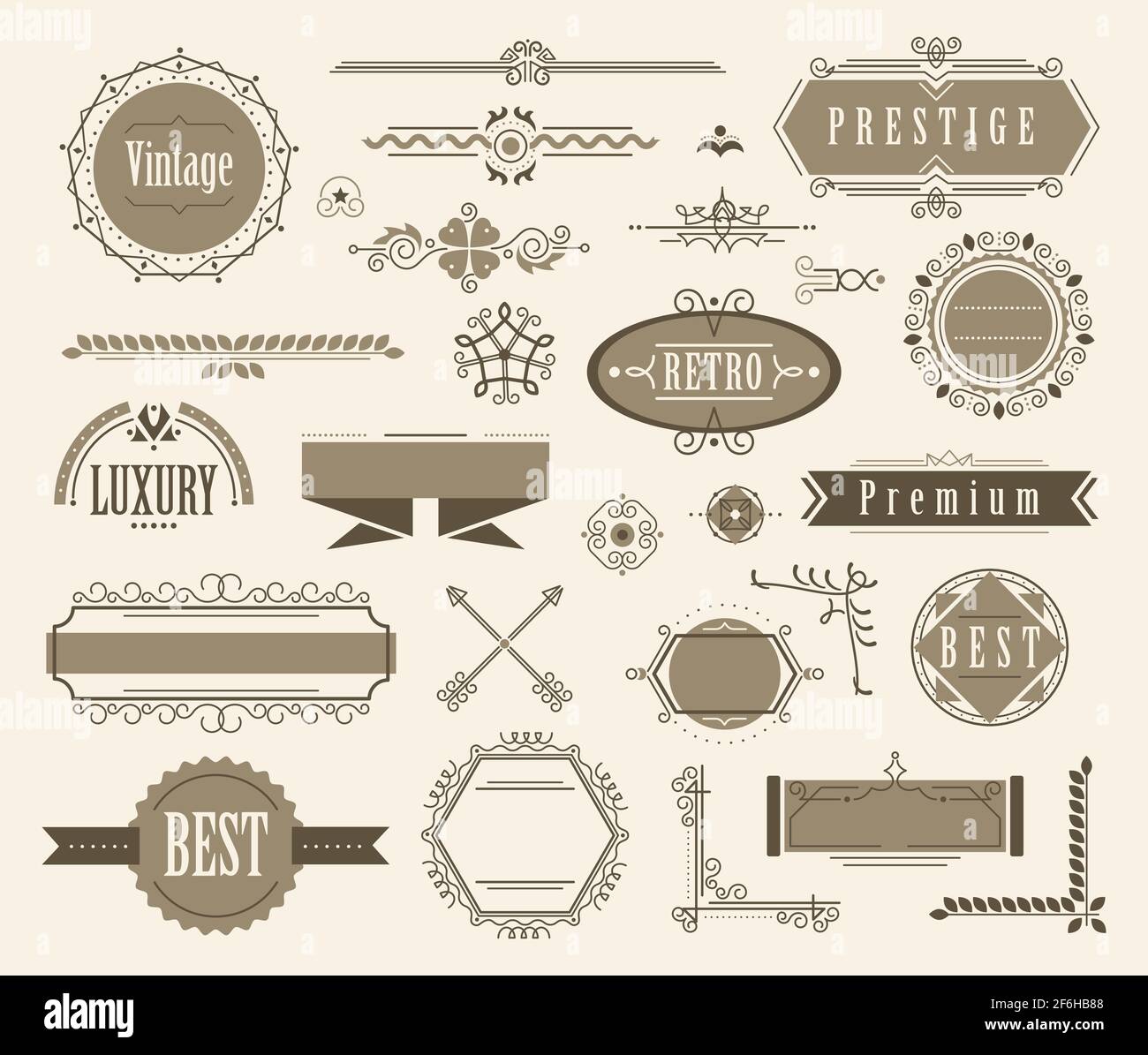 Set di fiori di filigrana ornamentale e segni di design vintage. Elementi vintage classici, illustrazione vettoriale Illustrazione Vettoriale