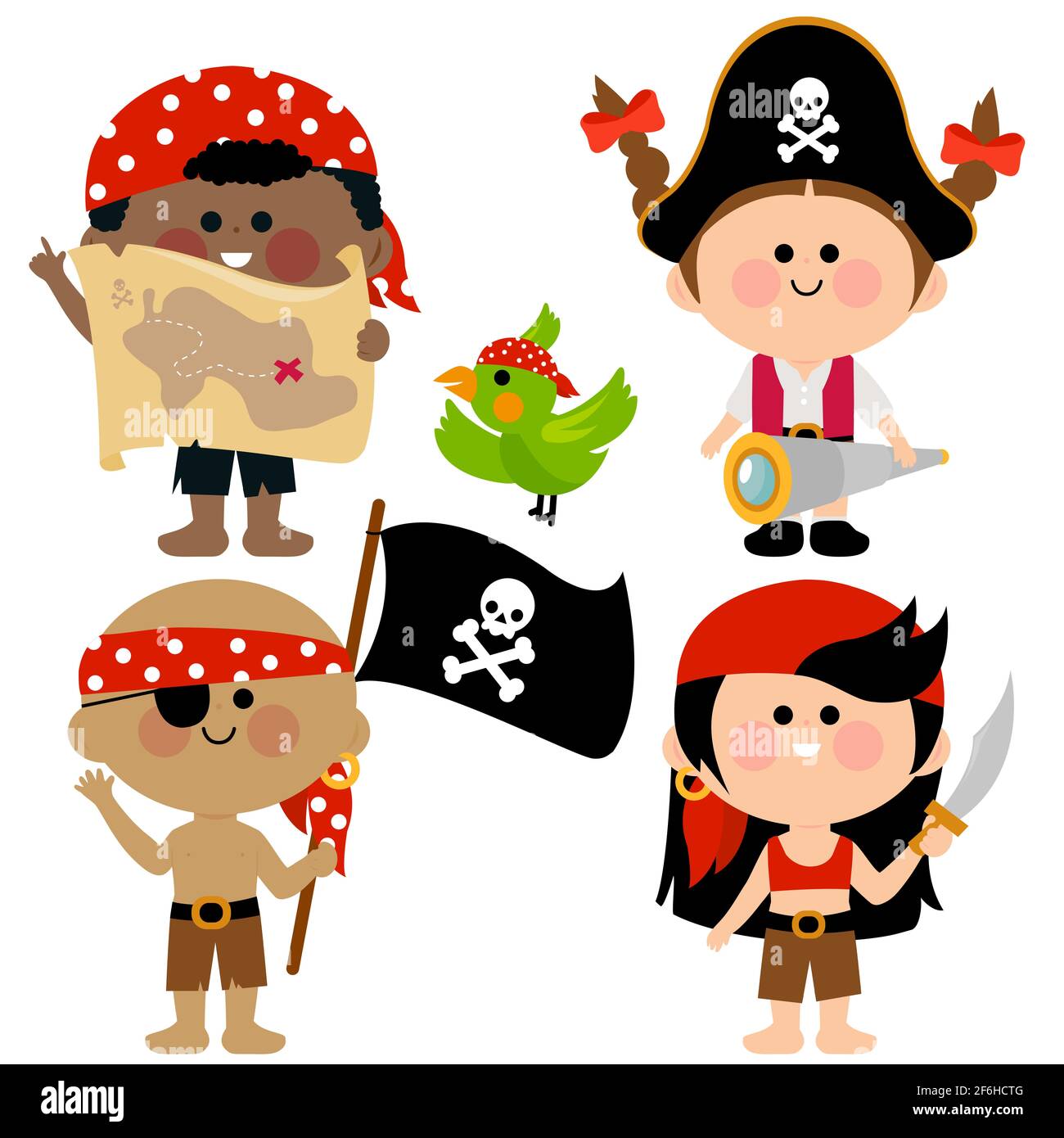 Illustrazione di bambini pirati, ragazzi e ragazze. Foto Stock