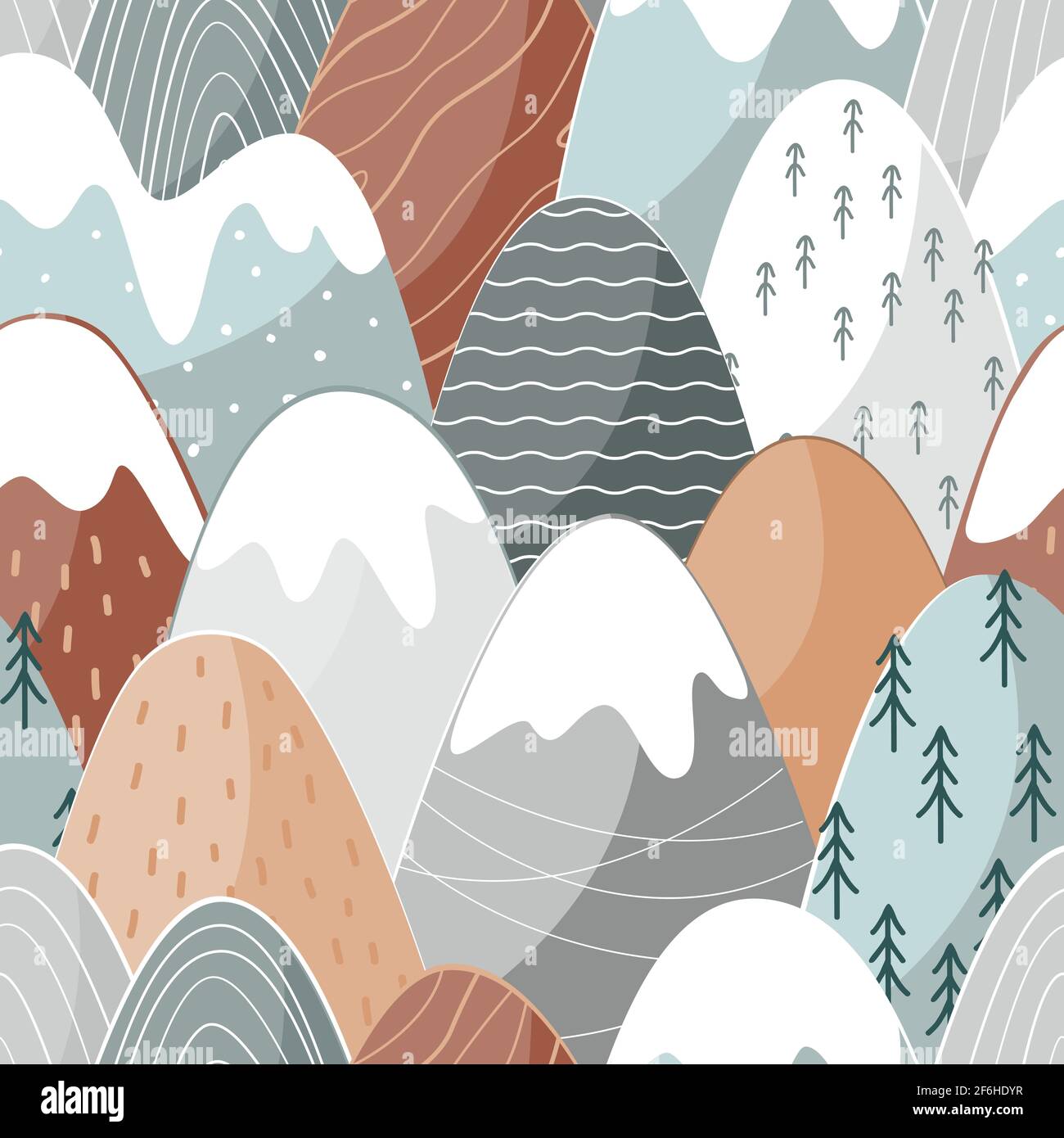 Modello senza cuciture con montagne di doodle in stile scandinavo. Sfondo paesaggistico decorativo. Carino ornamento disegnato a mano Illustrazione Vettoriale