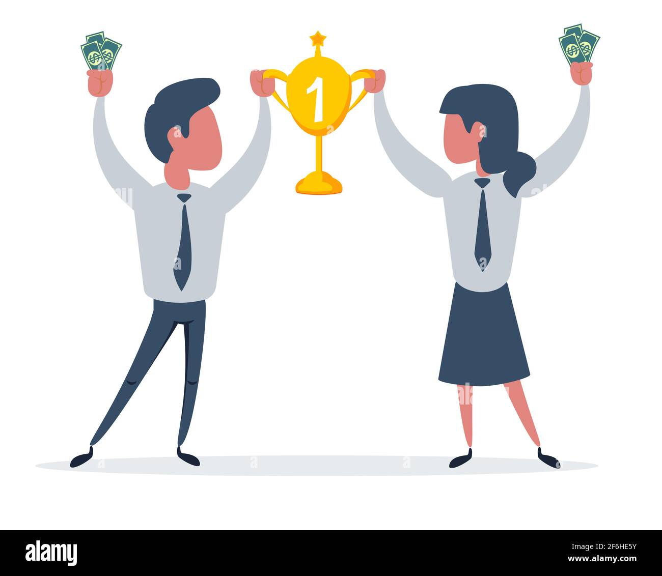 Coppia di vincitori uomini e donne che tengono la Coppa d'oro. La gente felice di successo vince il premio. Concetto di celebrazione del raggiungimento degli obiettivi. Illustrazione Vettoriale