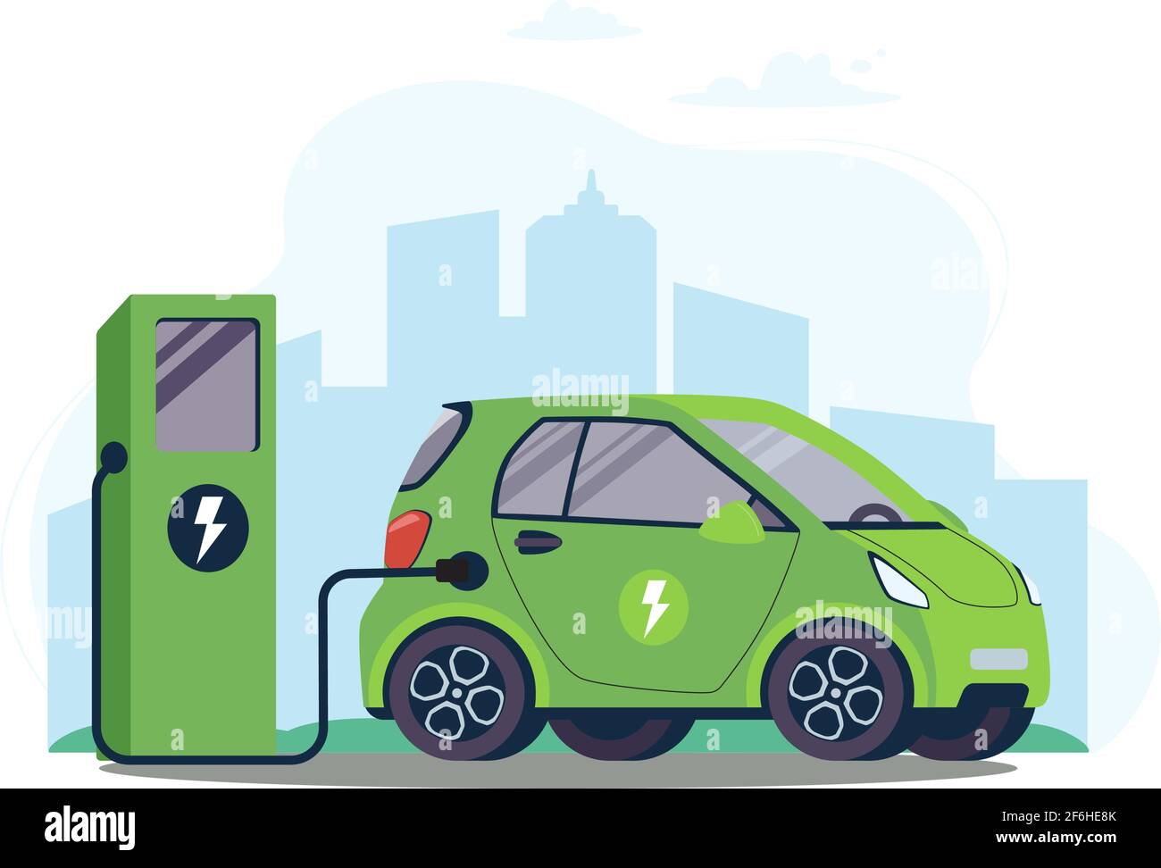 Batteria veicolo EV collegato e ottenere elettricità da fonti di energia rinnovabile. Veicolo in carica. Auto elettrica sulla stazione di ricarica sullo sfondo della City.Vector illustrazione, piatto. Illustrazione Vettoriale