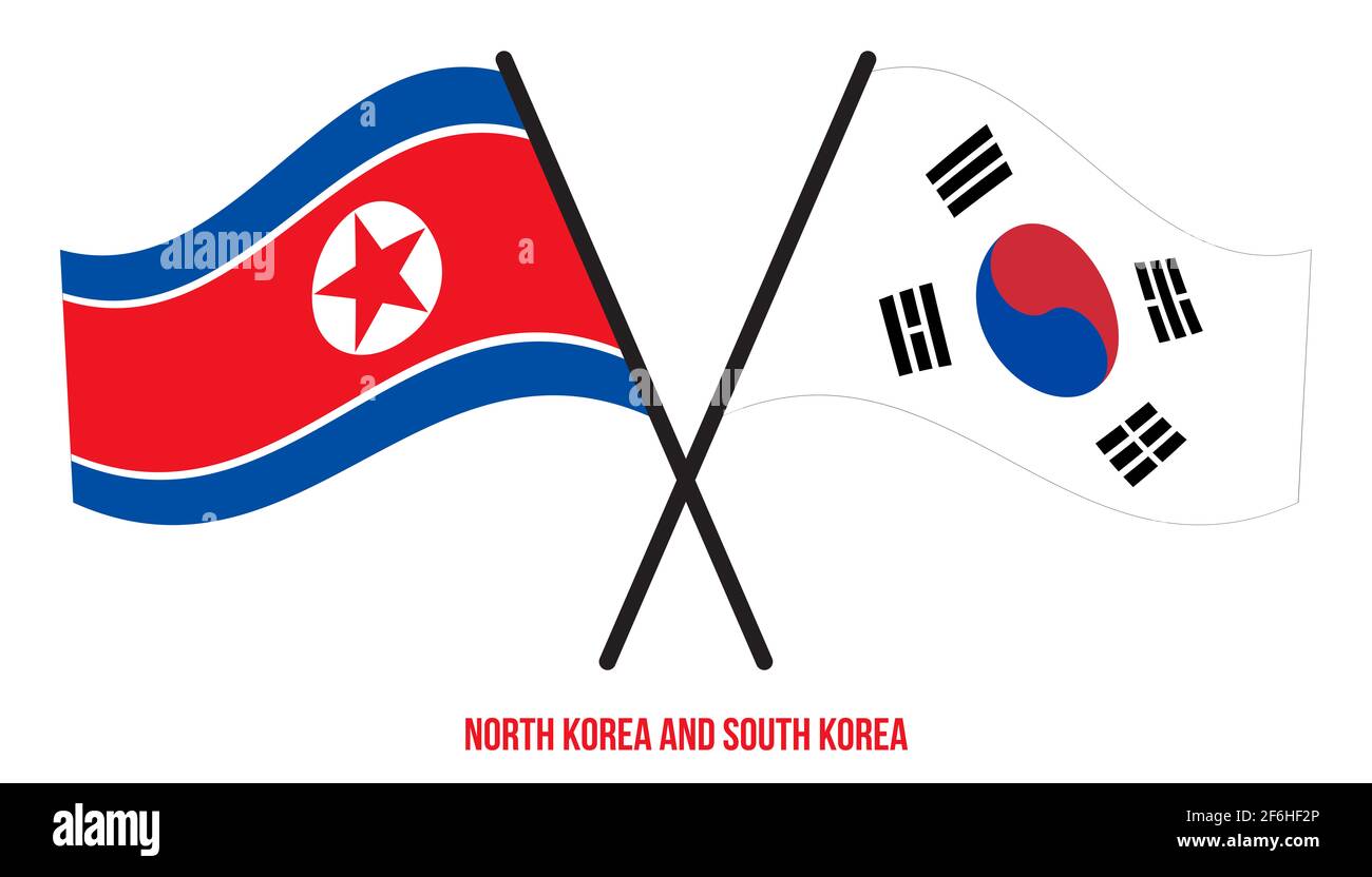 Corea del Nord e Corea del Sud Bandiere incrociate e ondulate in stile piatto. Proporzione ufficiale. Colori corretti. Foto Stock