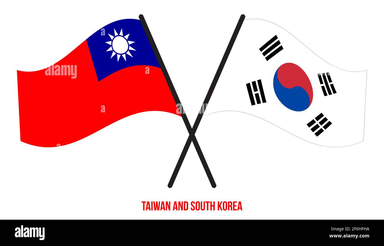 Taiwan e Corea del Sud Bandiere incrociate e ondulate in stile piatto. Proporzione ufficiale. Colori corretti. Foto Stock