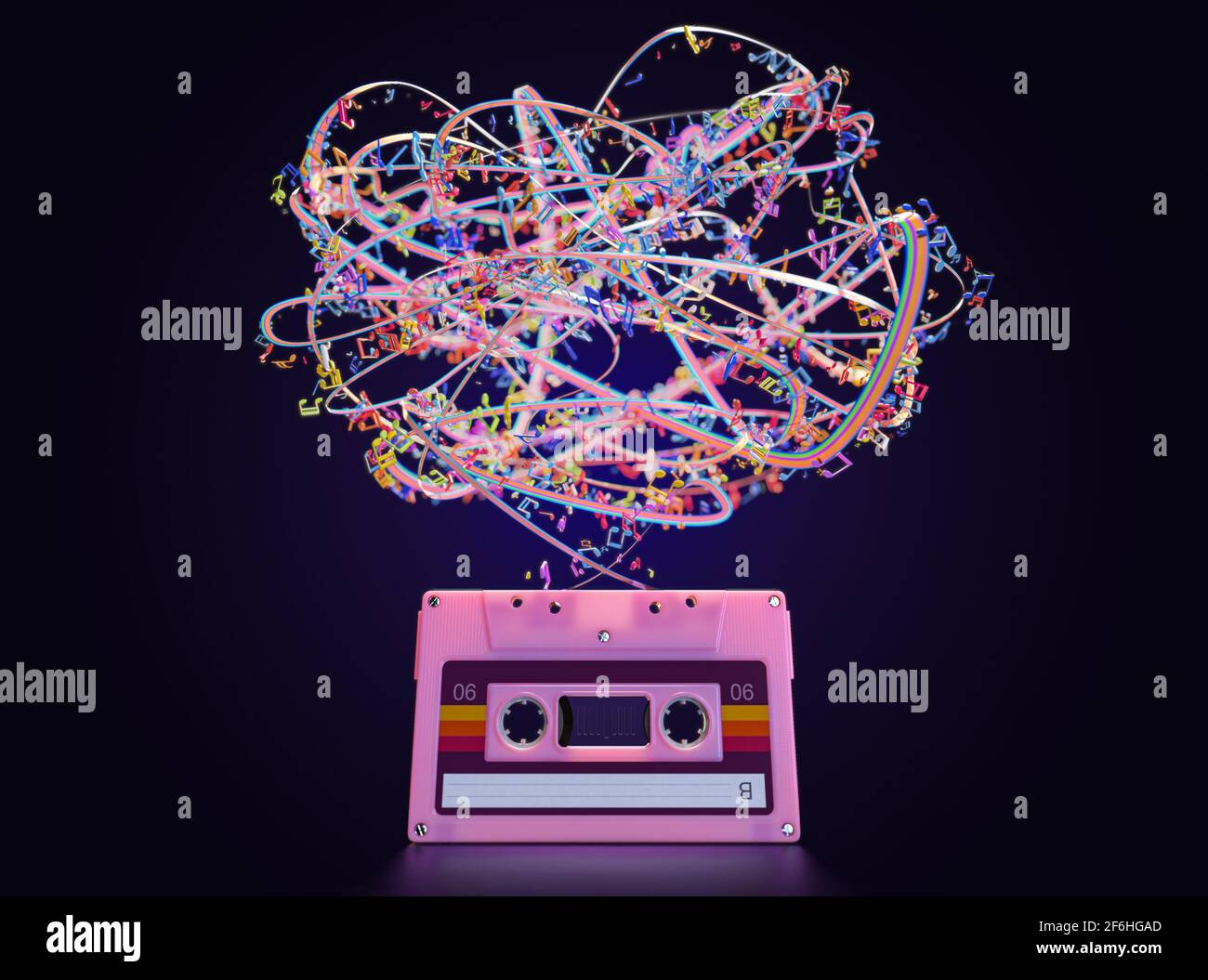 Un concetto che mostra una cassetta audio rosa vintage con un nastro di colore arcobaleno non smaltato e note musicali su un Sfondo scuro isolato - 3D ren Foto Stock