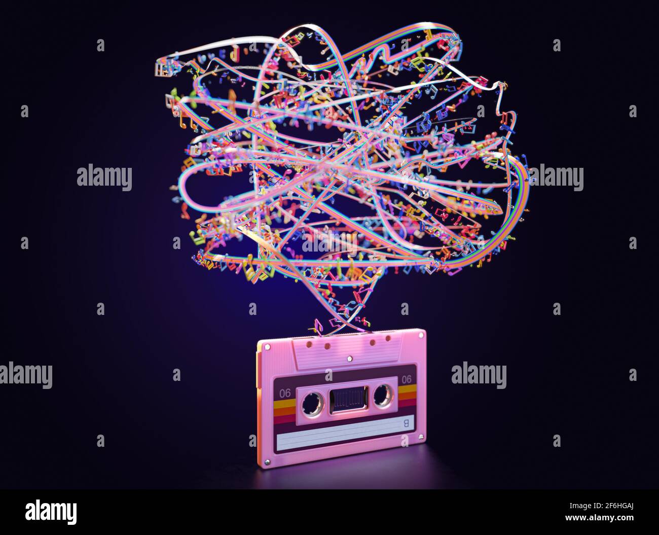 Un concetto che mostra una cassetta audio rosa vintage con un nastro di colore arcobaleno non smaltato e note musicali su un Sfondo scuro isolato - 3D ren Foto Stock