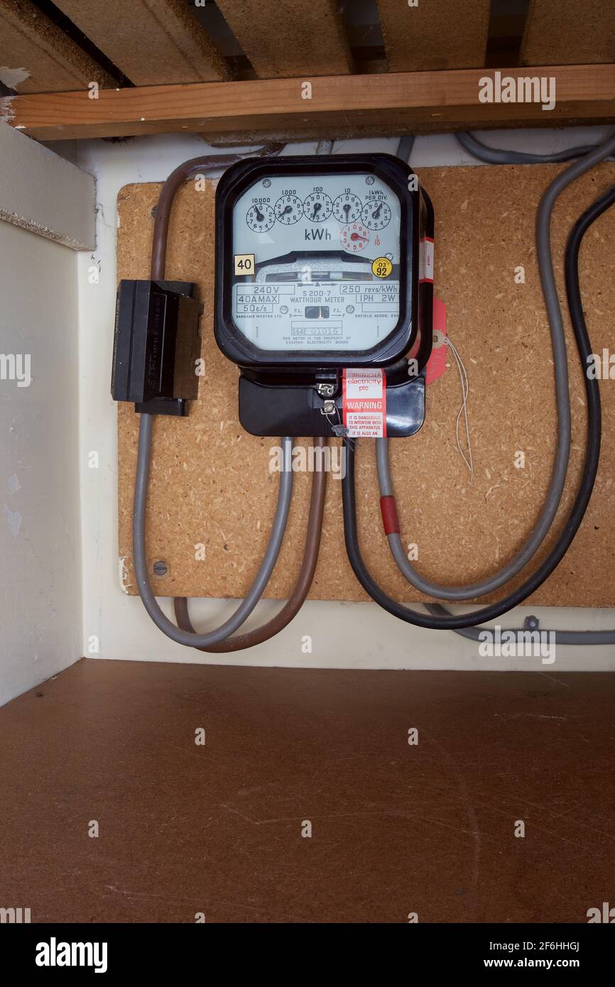 Contatore elettrico analogico di consumo che indica la quantità di energia  elettrica/elettrica consumata in un locale domestico Foto stock - Alamy