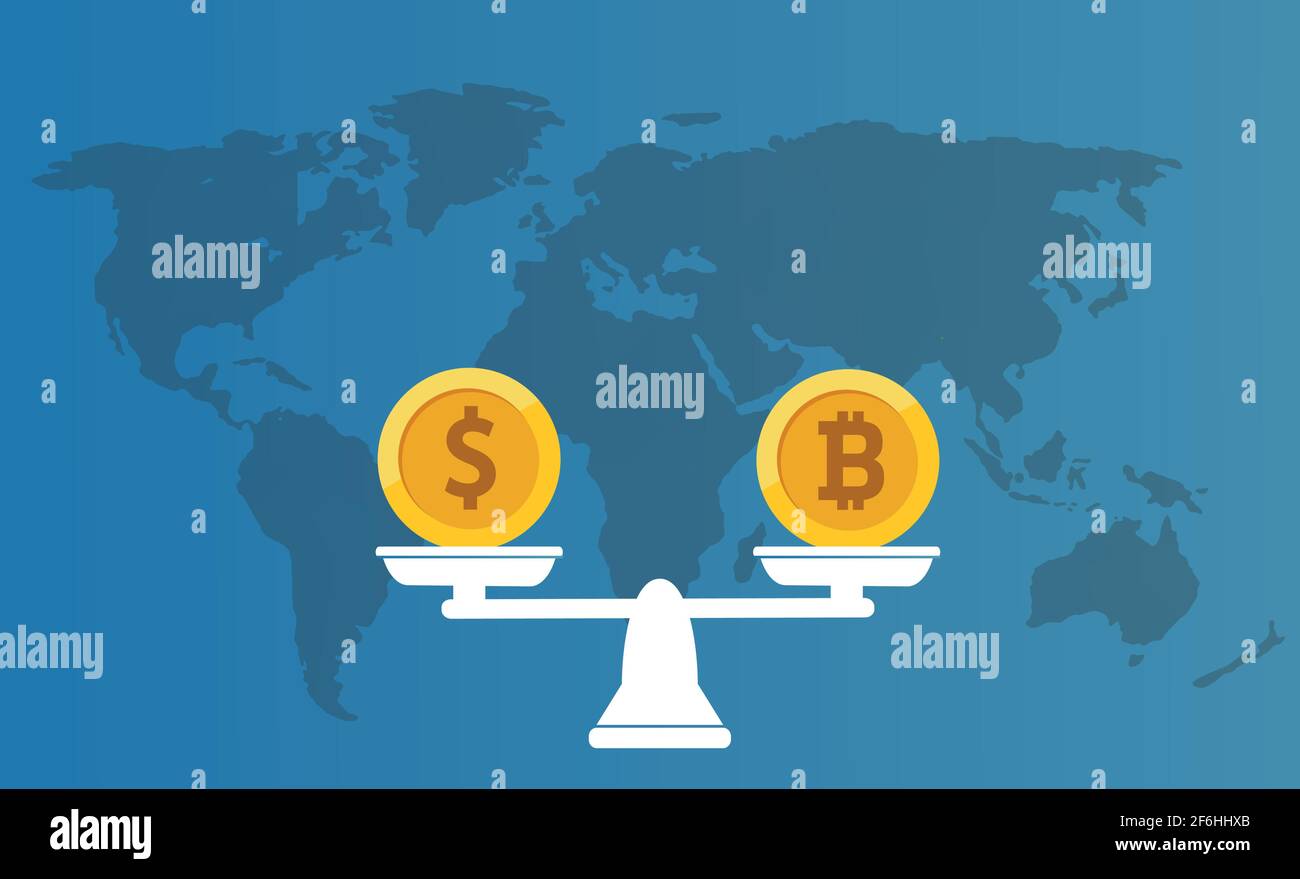 Balance Dollar vs Bitcoin concetto con mappa del mondo sullo sfondo. Vettore. Illustrazione Vettoriale