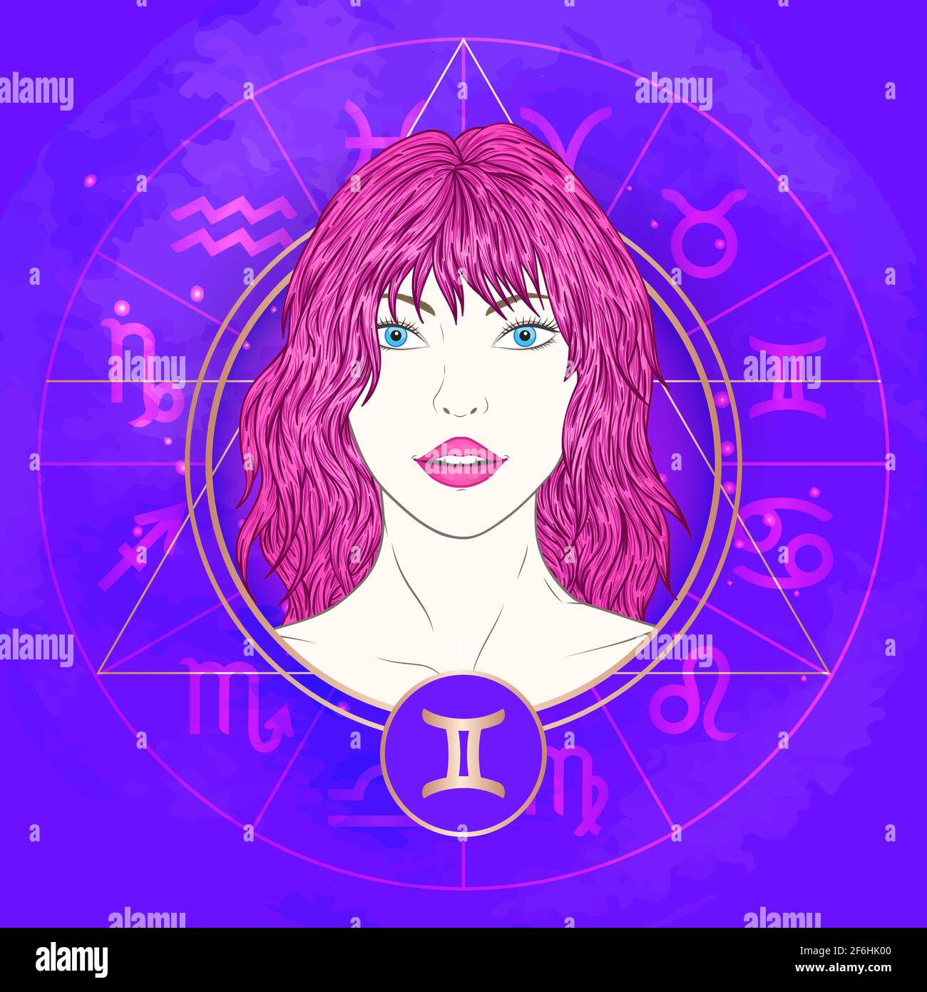 Illustrazione vettoriale del segno zodiacale Gemini e ritratto bella ragazza su sfondo astratto con cerchio oroscopo. Misticismo, esoterico, astrologia. Ai Illustrazione Vettoriale