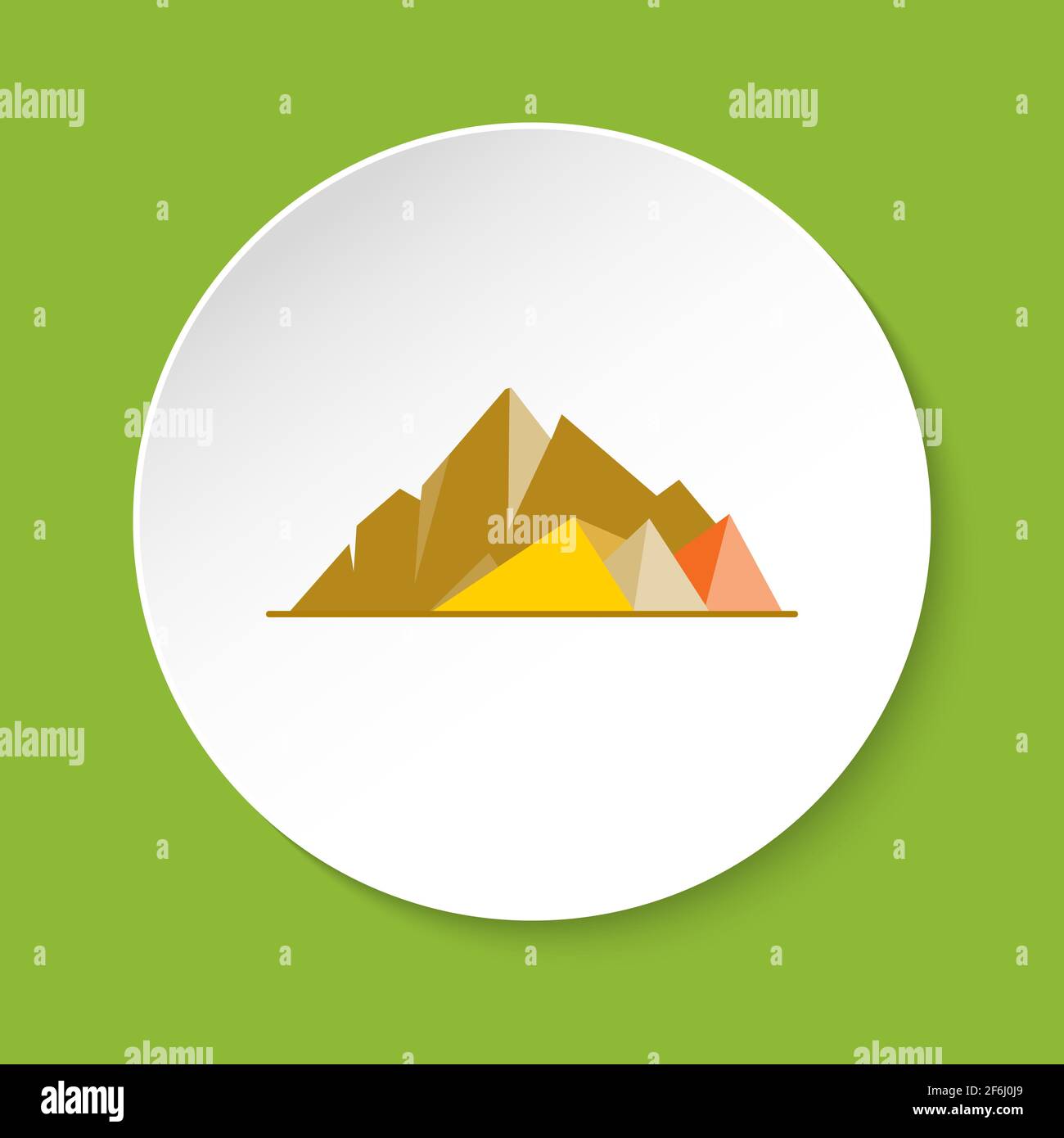 Icona di Mountain Peaks in stile piatto. Simbolo di rocce alte isolato su pulsante rotondo Illustrazione Vettoriale