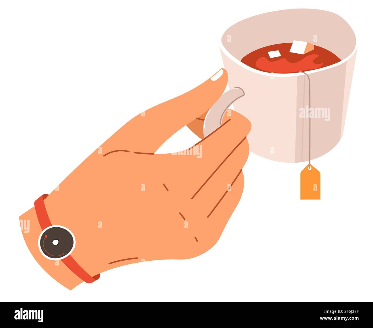 Tenere a mano una tazza di tè caldo versato con il teabag Illustrazione Vettoriale