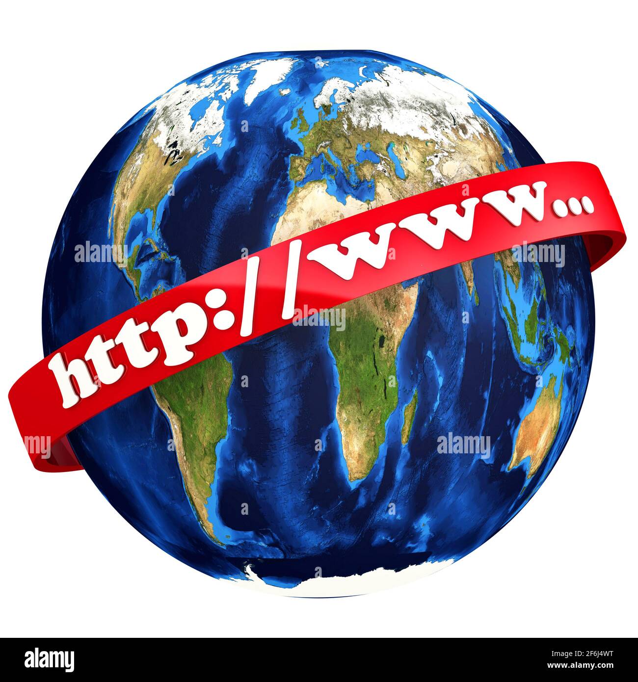 Icona World Wide Web. Nastro rosso con testo bianco http://www... sullo sfondo del globo. Isolato. Illustrazione 3D Foto Stock