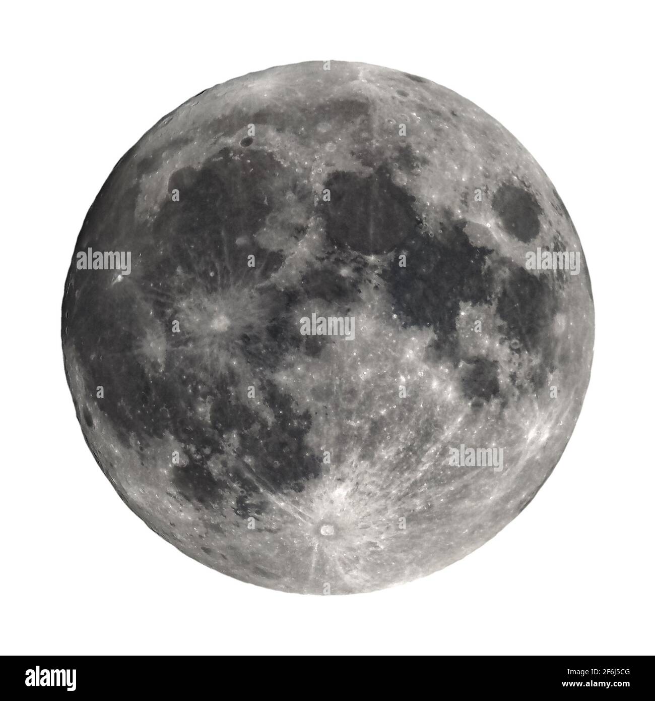 Luna piena visto con un cannocchiale astronomico isolate su sfondo bianco Foto Stock