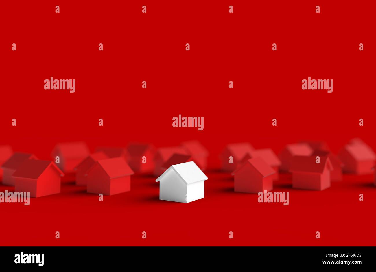 Gruppo di casa offuscata isolato su sfondo rosso. Illustrazione 3D. Foto Stock