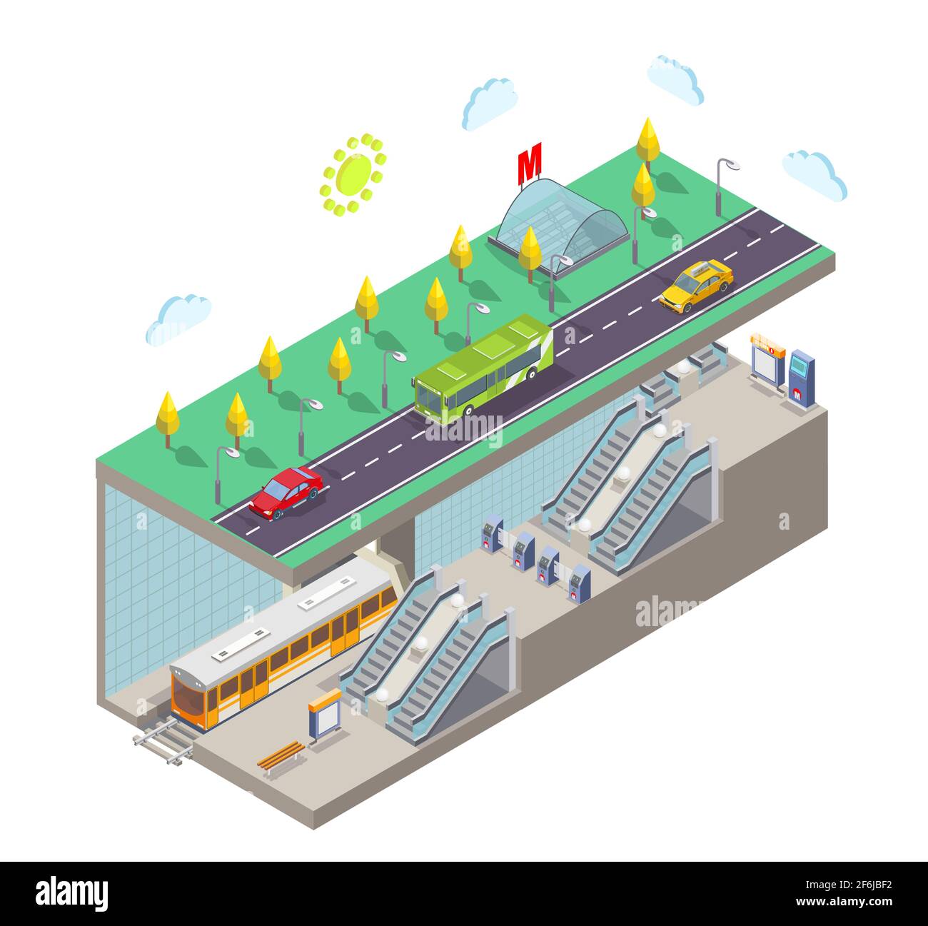 Stazione della metropolitana, immagine vettoriale piatta. Sezione trasversale della città isometrica, ingresso della metropolitana, treno, piattaforma ferroviaria. Illustrazione Vettoriale